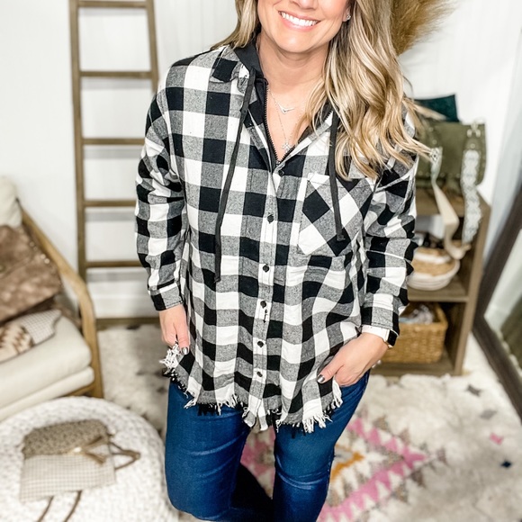 Hoodie Lined Plaid Shacket- White - Picture 3 of 4